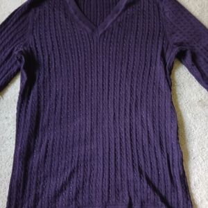 Women  V-Neck Cable Knit Sweater - Purple